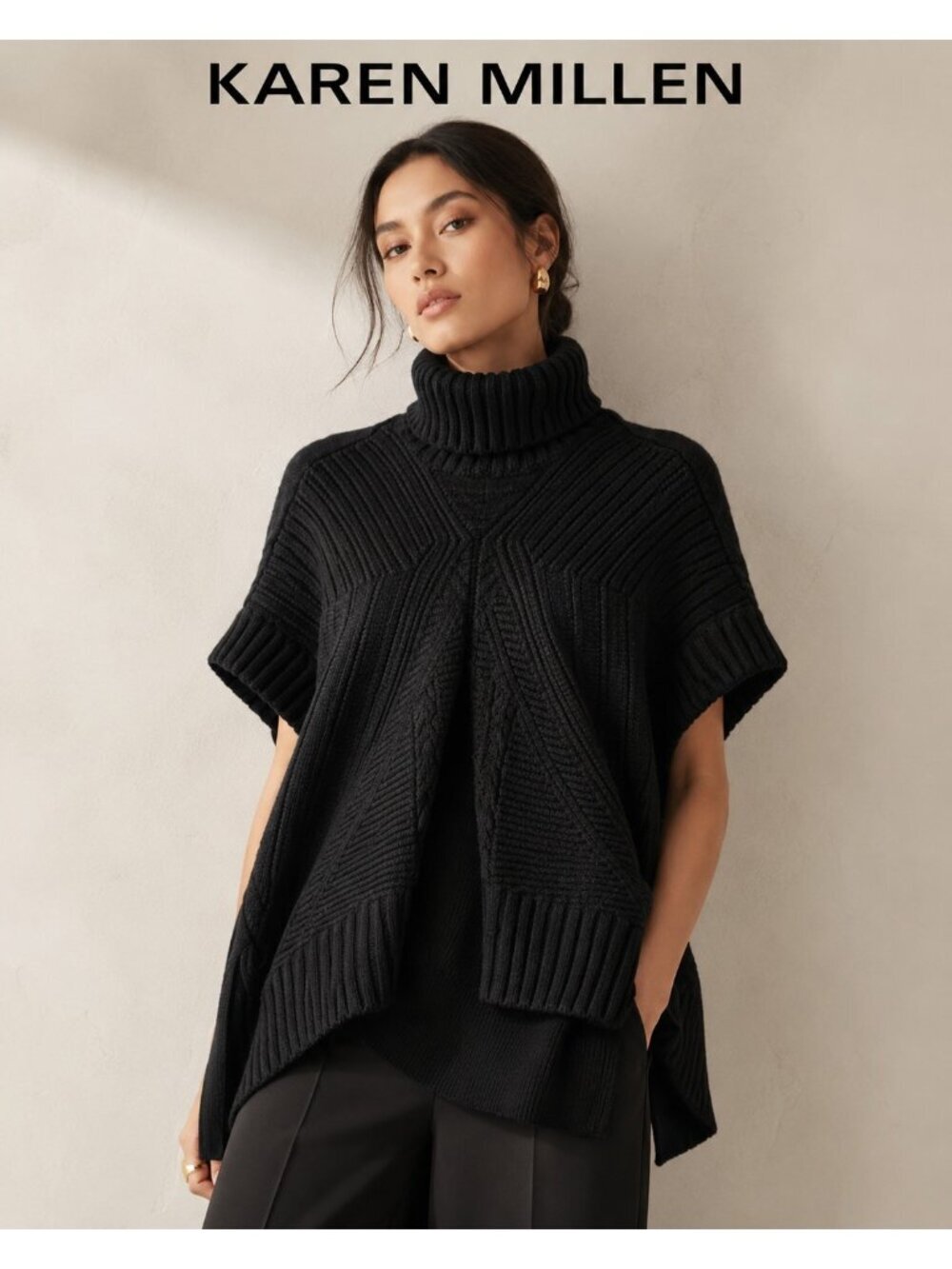 Karen Millen Black Wool Turtleneck Poncho Cape Sweater Size 2 Cable Knit
